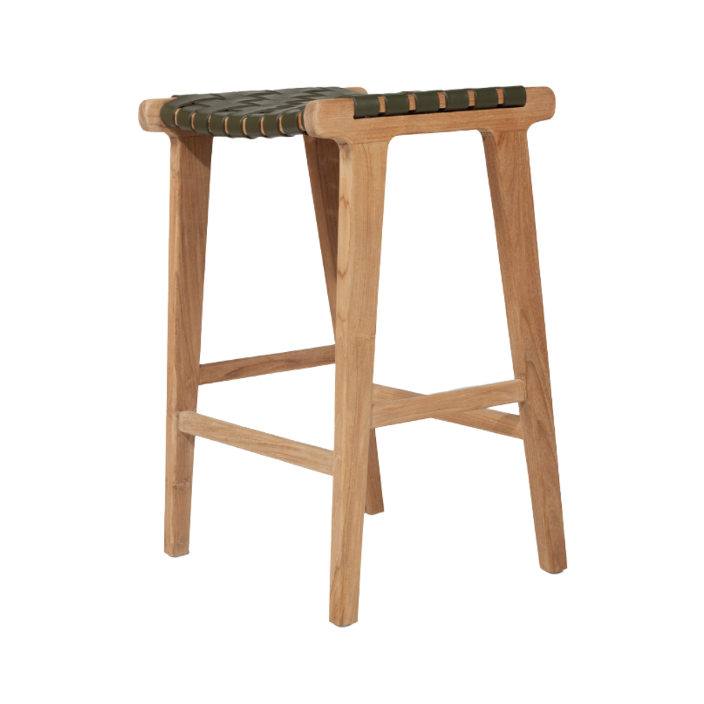 Bar Stools - Karina Leather Counter Stool Backless (Woven) Olive 65cm