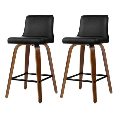 Bar Stools - Felipe Set Of 2 Leather Wooden Kitchen Swivel Bar Stool Black 66cm